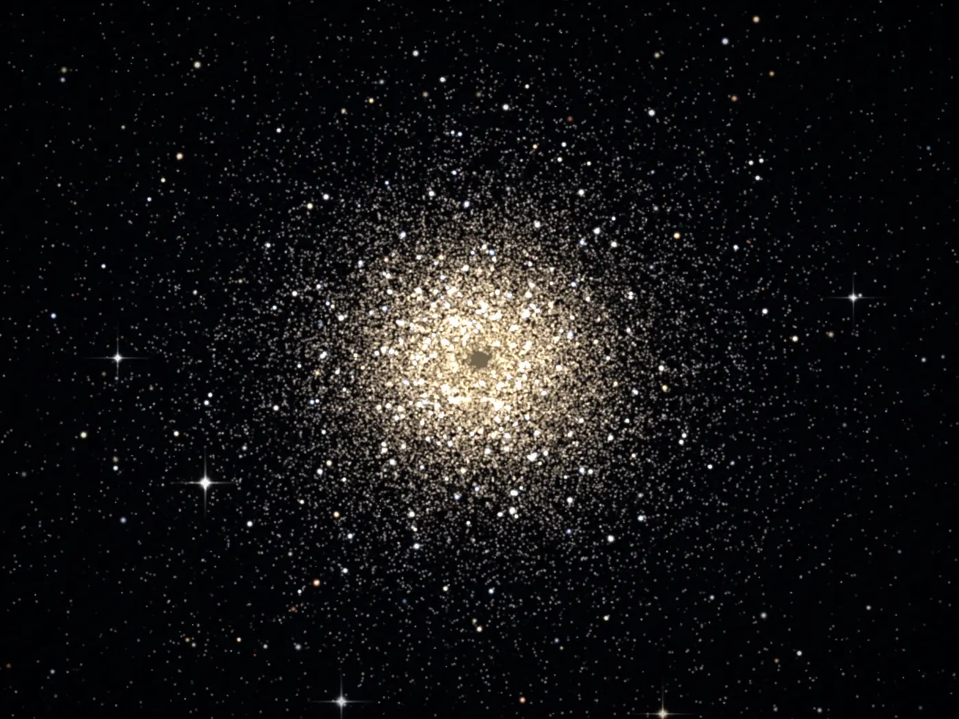 Artistic rendering of a globular star cluster, a dense ball of golden and white stars