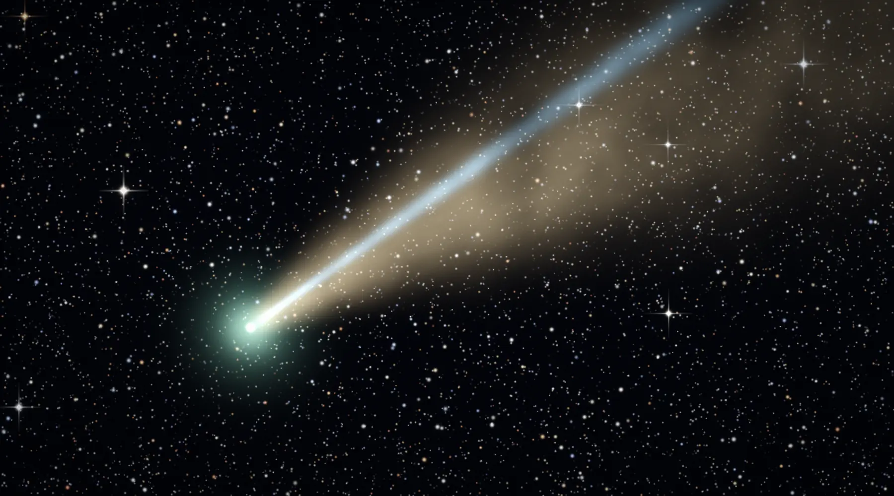 Artistic rendering of a comet with a curved golden dust tail and a straight blue ion tail