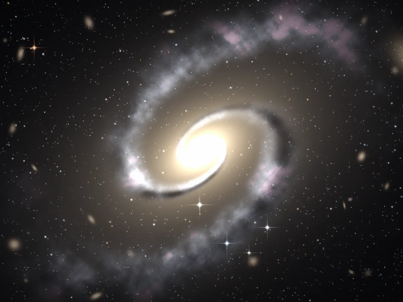 Artistic rendering of a spiral galaxy seen at an angle, with a golden centre and pale blue arms