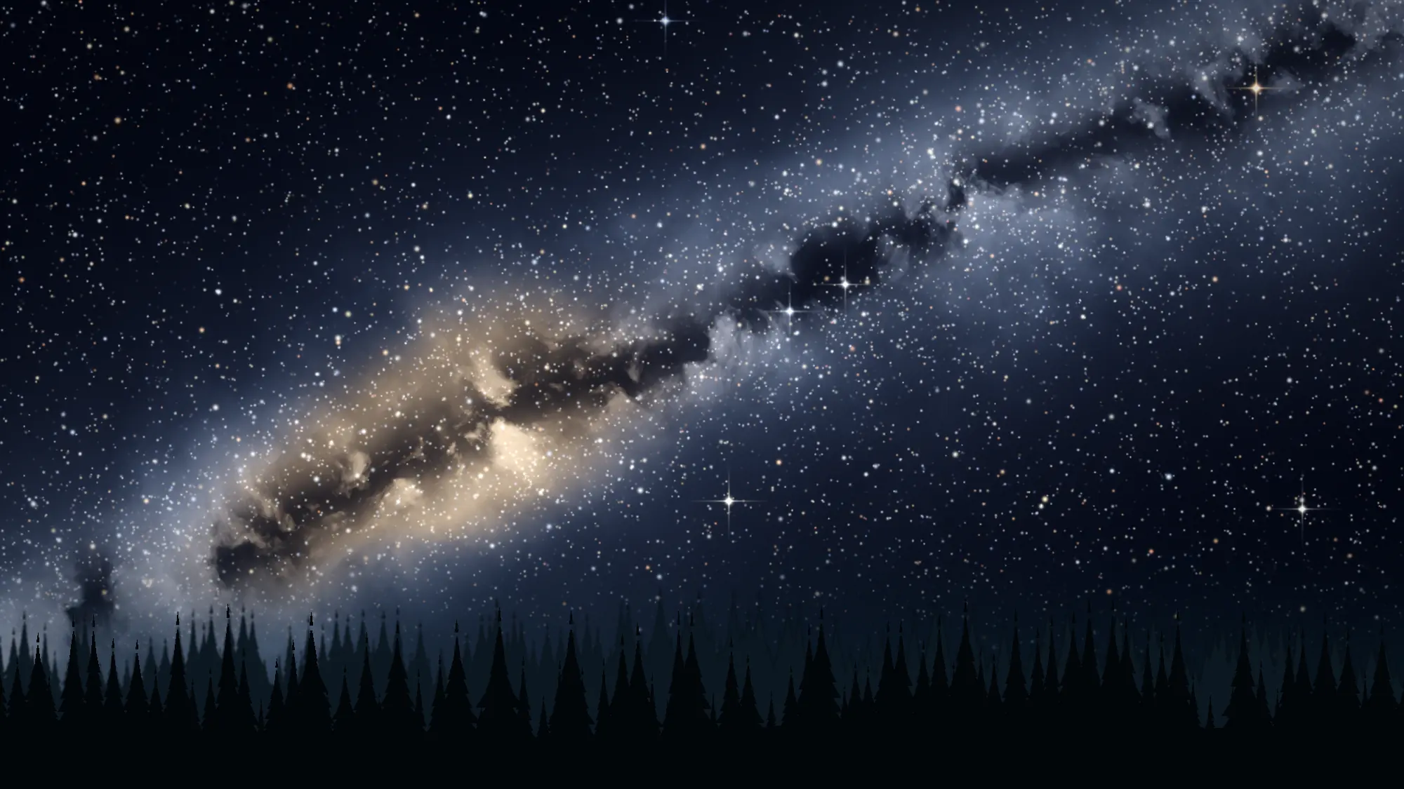 Artistic rendering of the Milky Way arching over a dark pine forest