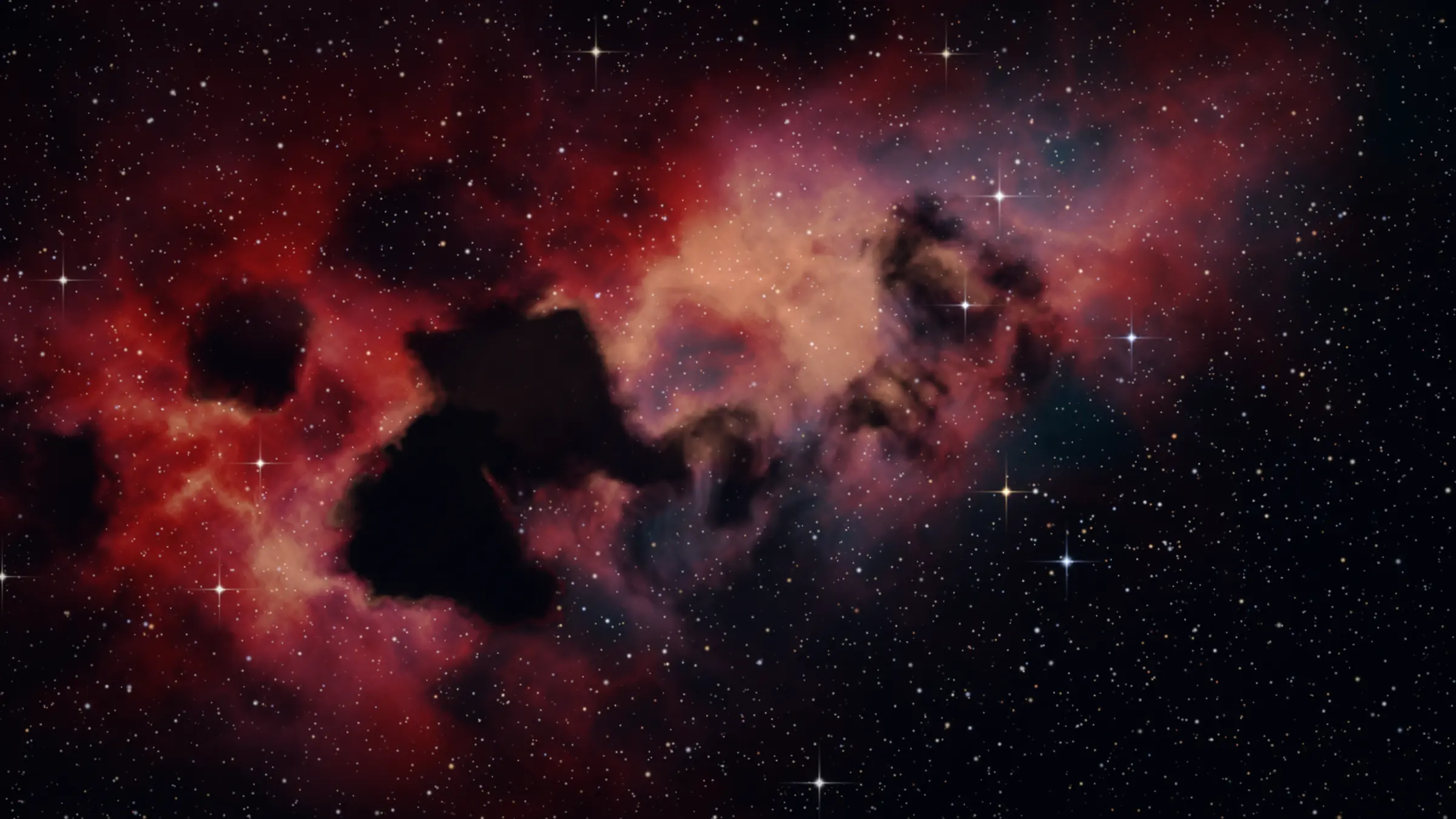 Artistic rendering of a red emission nebula with dark dust clouds and scattered stars