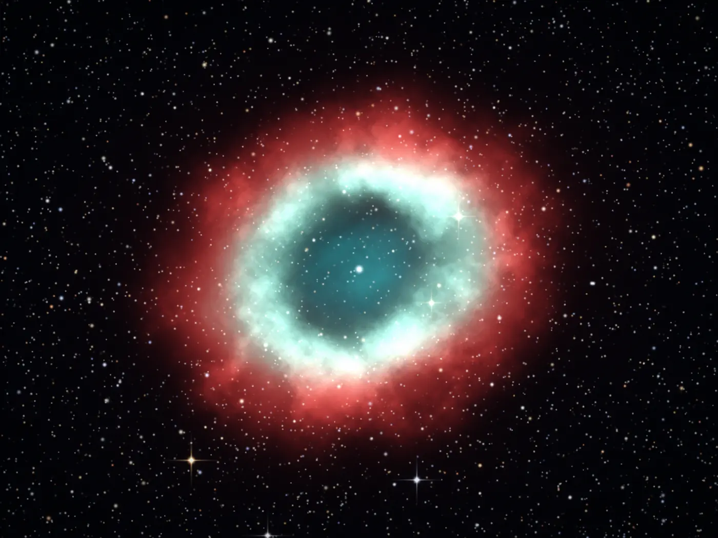 Artistic rendering of a planetary nebula, a glowing ring of teal and red gas around a faint central star