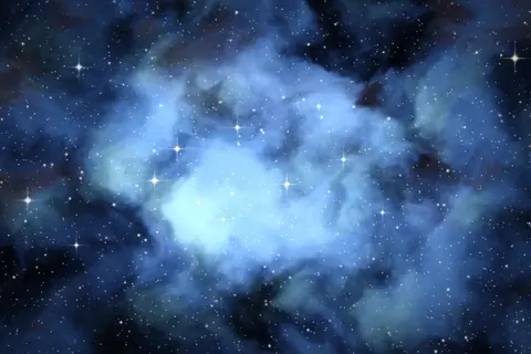 Artistic rendering of a blue reflection nebula with dust and scattered stars