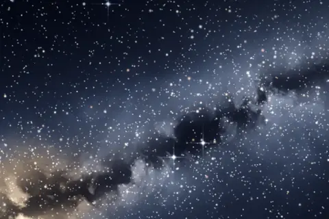 Artistic rendering of the Milky Way arching over a dark pine forest