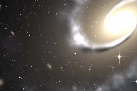 Artistic rendering of a spiral galaxy with a bright golden core and pale blue arms