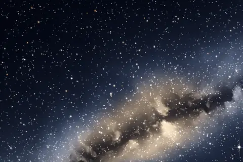 Artistic rendering of the Milky Way arching over a dark pine forest