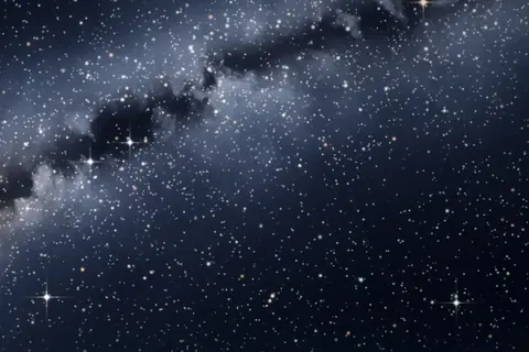 Artistic rendering of the Milky Way arching over a dark pine forest