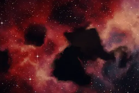 Artistic rendering of a red emission nebula with dark dust clouds and scattered stars