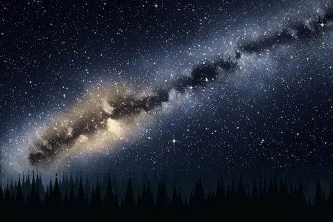 Artistic rendering of the Milky Way arching over a dark pine forest