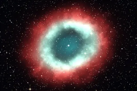 Artistic rendering of a planetary nebula, a glowing teal and red ring around a central star