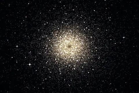 Artistic rendering of a globular star cluster, a dense ball of golden and white stars