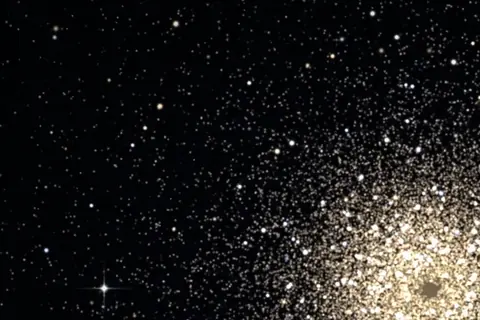 Artistic rendering of a globular star cluster, a dense ball of golden and white stars