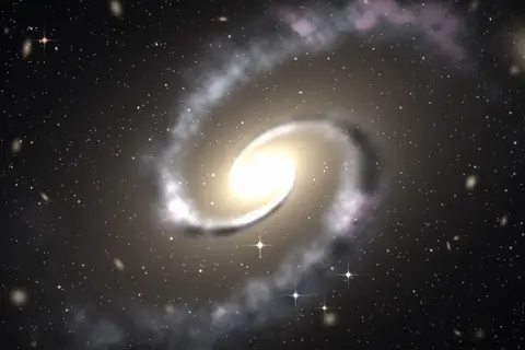 Artistic rendering of a spiral galaxy with a bright golden core and pale blue arms