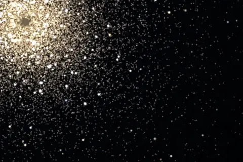 Artistic rendering of a globular star cluster, a dense ball of golden and white stars